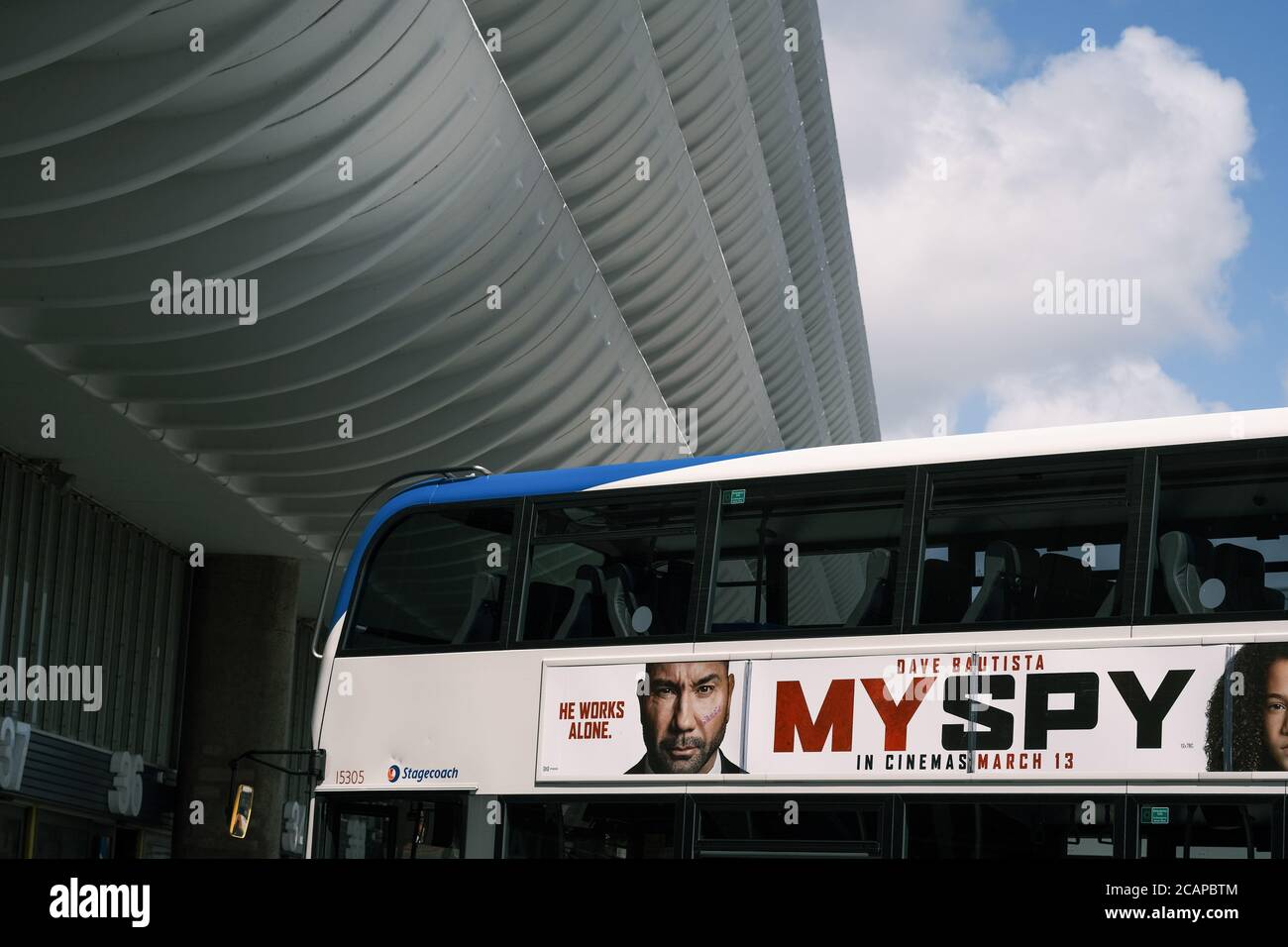 A bus advertising 'My Spy' at Preston Bus Station Stock Photo
