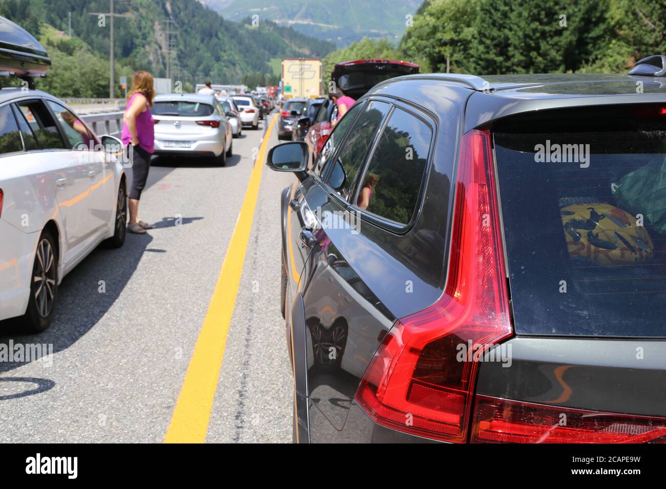 Traffic jam after an accident in the Gotthard tunnel (Motorway 2, Ticino, Switzerland, July 6, 2019) Stock Photo