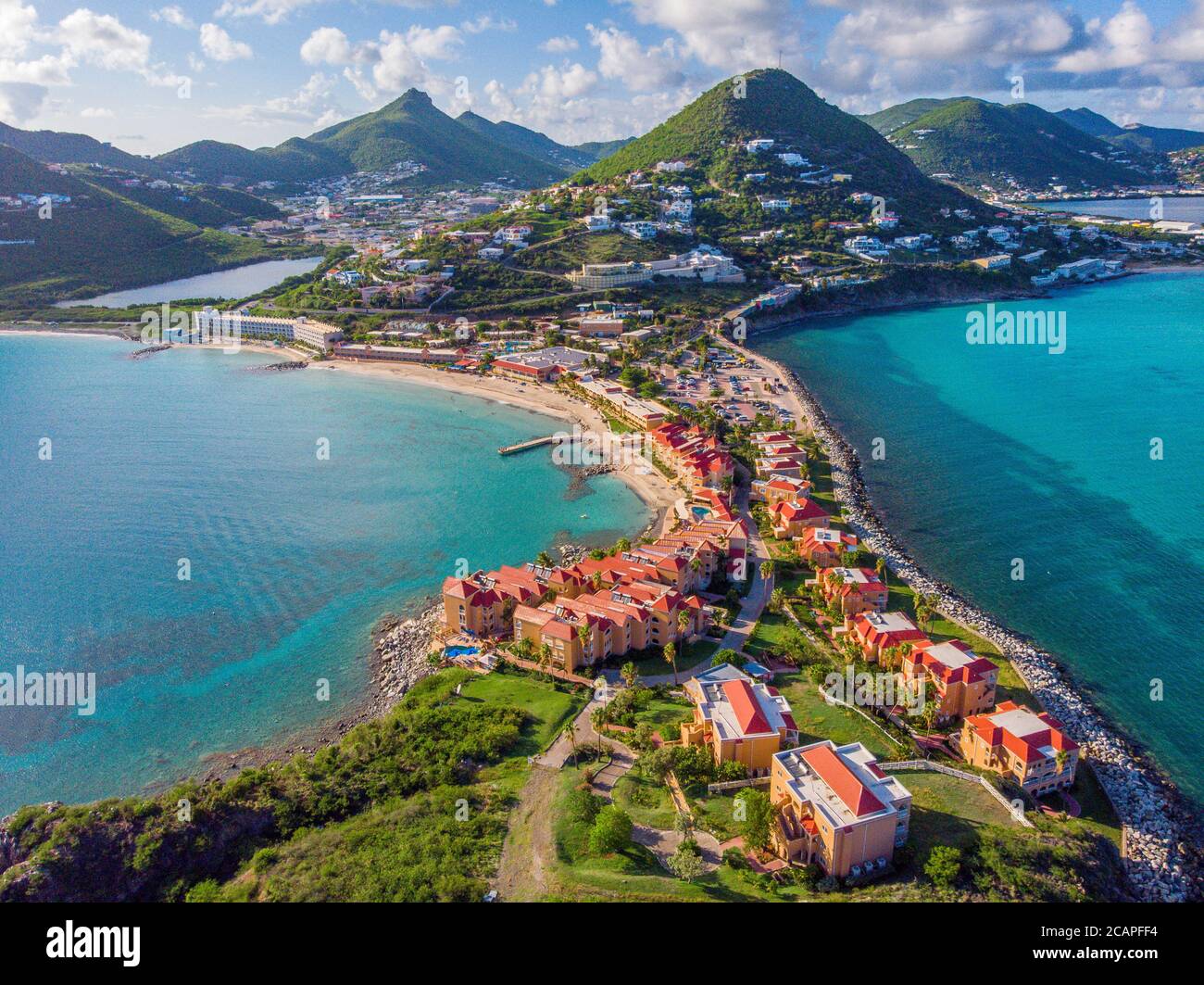 High Aerial view of the caribbean island of St. Maarten . Stock Photo