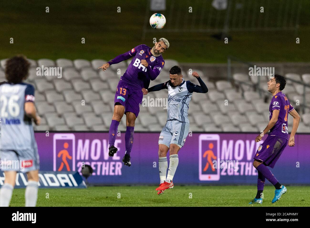 Sydney, Australia. 08th Aug, 2020. Perth Glory midfielder Osama Malik (13) up high for a header during the Hyundai A League match between Perth Glory and Melbourne Victory at Netstrata Jubilee Stadium, Sydney, Australia on 8 August 2020. Photo by Peter Dovgan. Editorial use only, license required for commercial use. No use in betting, games or a single club/league/player publications. Credit: UK Sports Pics Ltd/Alamy Live News Stock Photo