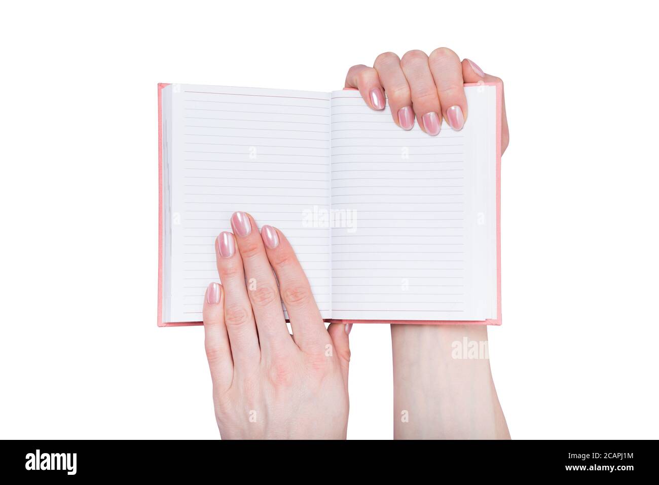 Open blank notebook in female hands. Place for text. White background, isolate Stock Photo