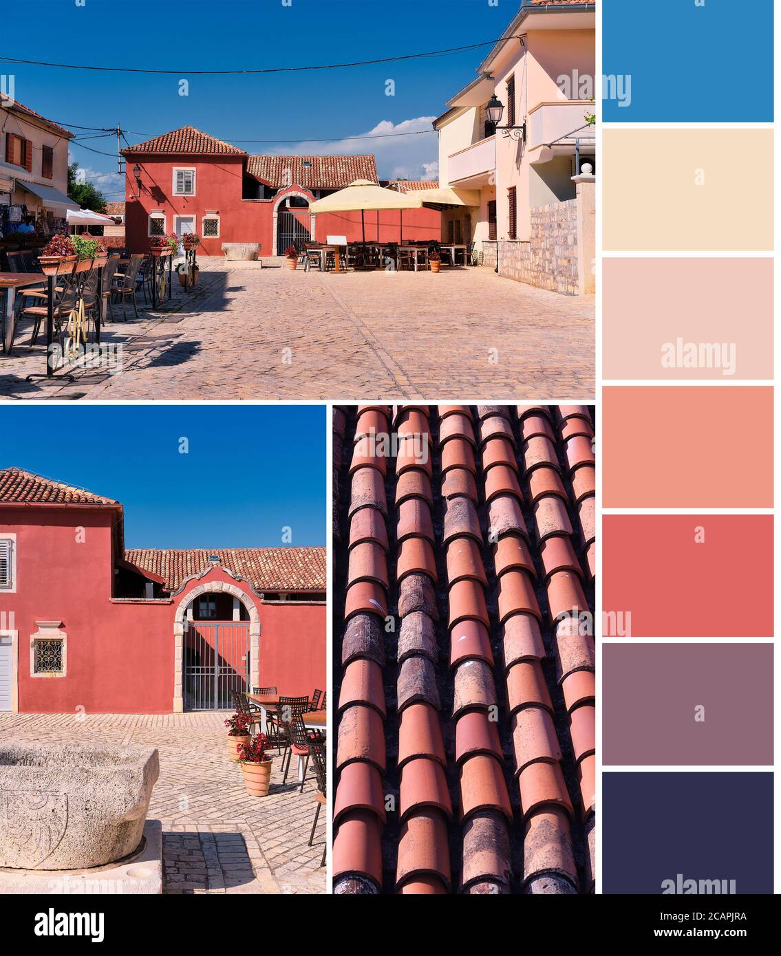 Color matching from traditional sandstone houses with red terracotta tile roofs under blue sky in Croatia. Split complementary color matching Stock Photo - Alamy