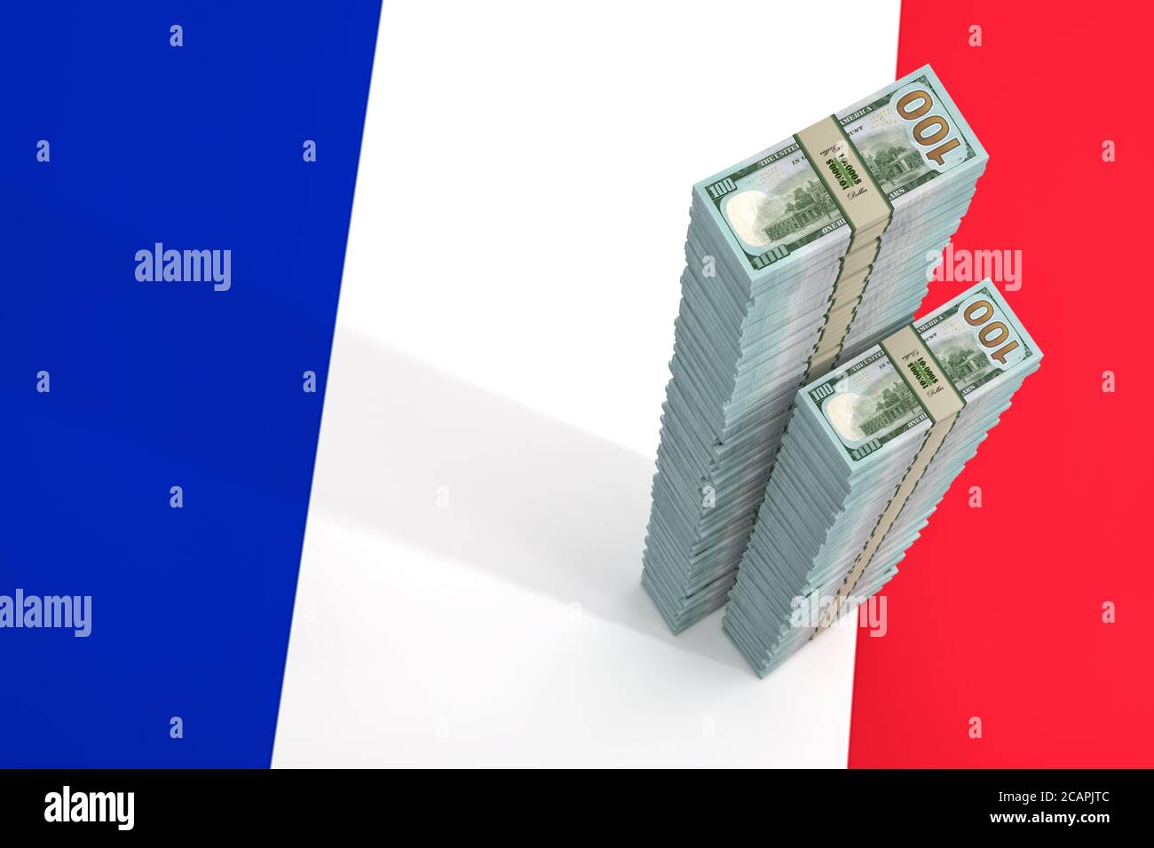Stacks of 100 Dollar banknotes on France national flag. Copy Space on ...