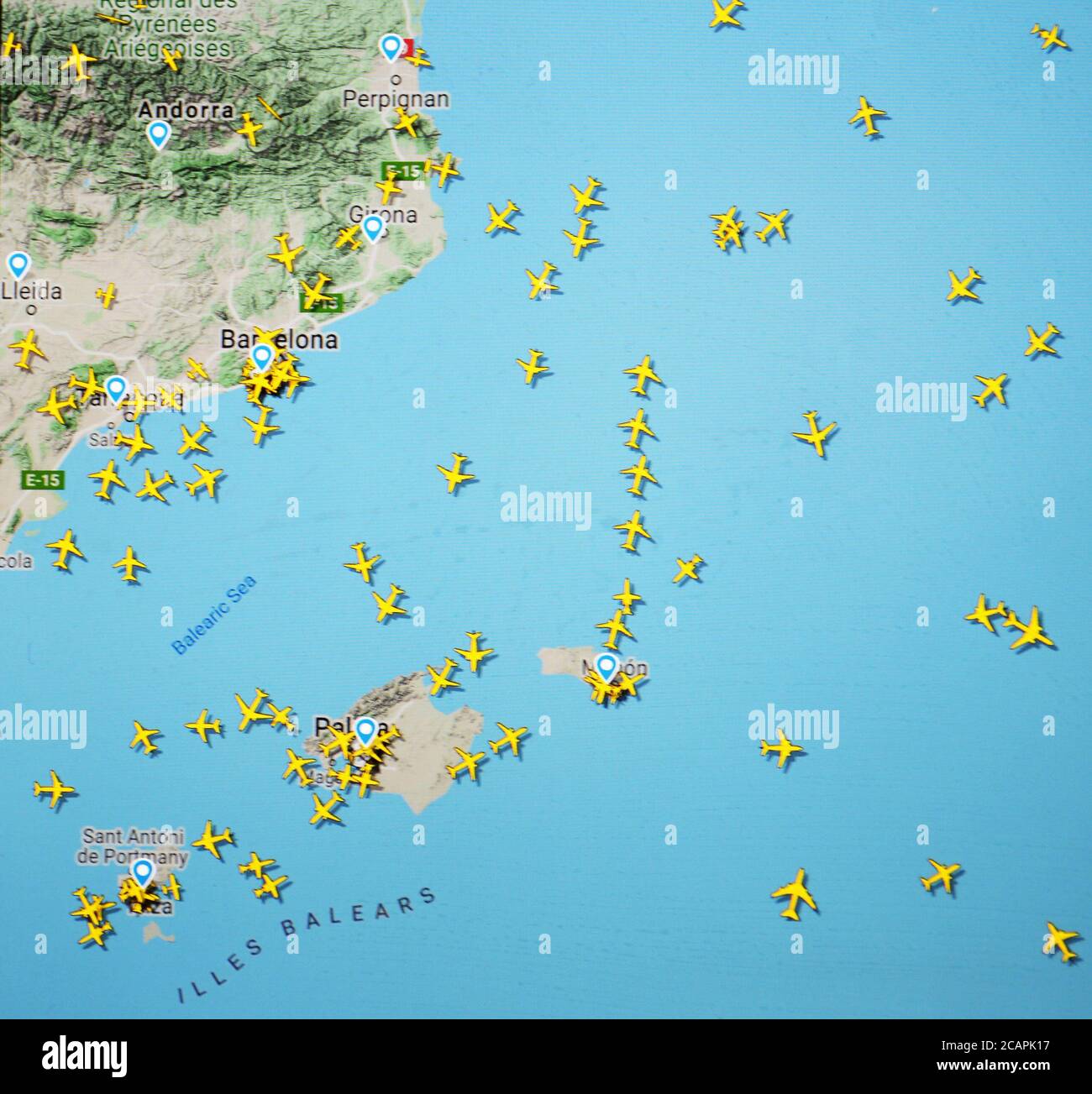 air traffic over Balears islands (08 august 2020, UTC 10.10) on Internet with Flightradar 24 site, during the Coronavirus Pandemic Stock Photo