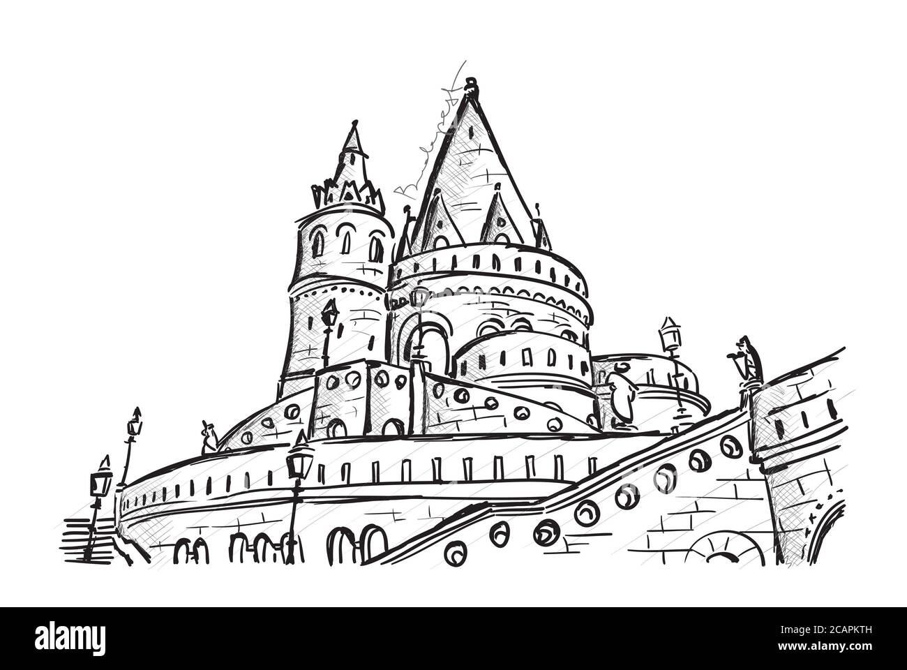 Fisherman bastion with details on the facade and the whole scene in Buda castle, Budapest, Vector, hand drawn Stock Photo