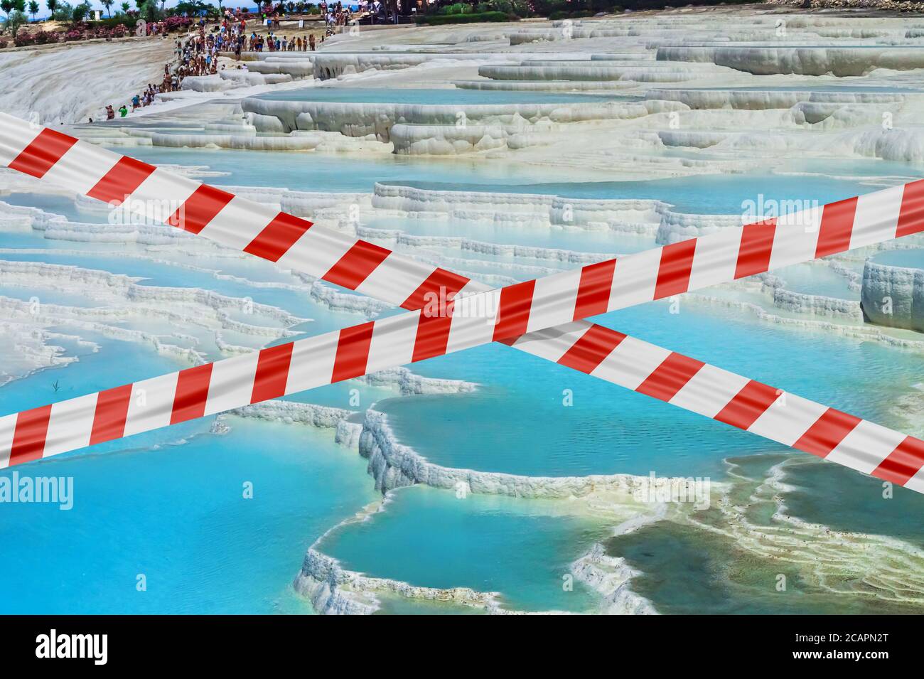 Protective tape on background calcareous minerals in Pamukkale Stock Photo