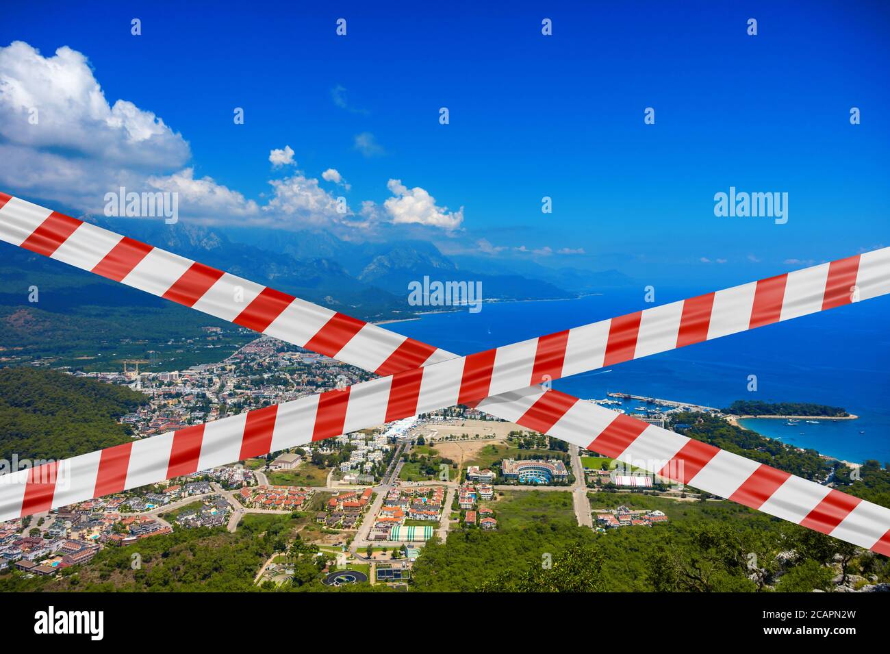 Protective tape on background mountain to the town of Kemer and the sea in Turkey. Stock Photo