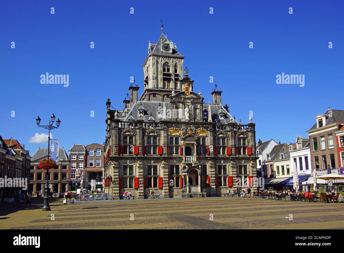 Delft, the Netherlands - August 5, 2020: The city hall of the Dutch city of Delft against a clear blue sky. Stock Photo