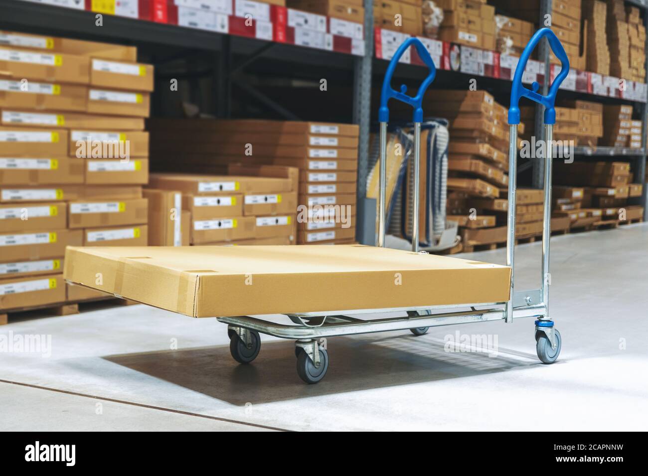 warehouse logistics - box on cart in modern distribution center Stock Photo