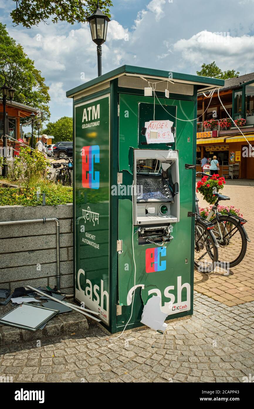 Titisee-Neustadt, Baden-Württemberg, Germany - July 28 2020 : exploded and destroyed cash dispenser after a robbery. German note saying 'Ausser betrie Stock Photo