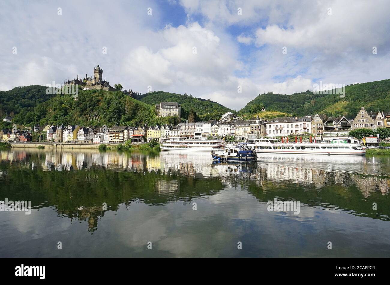 View on the village of Cochem from the opposite of the river Moselle, Germany Stock Photo