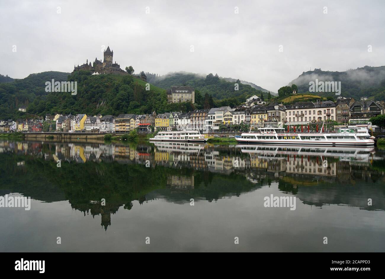 The village of Cochem in cloudy weather seen from the Skagerakbrücke, Germany Stock Photo