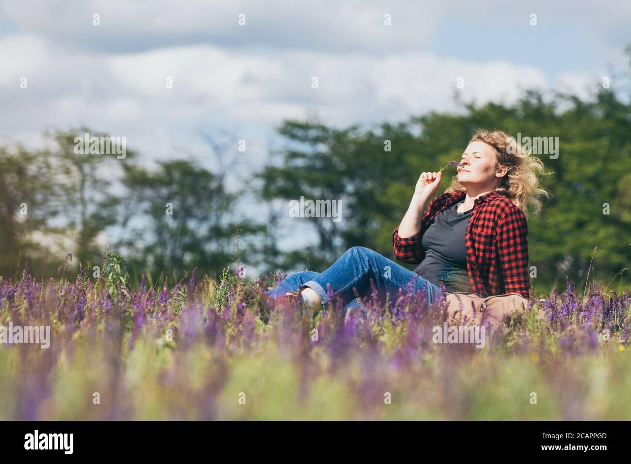 Young blonde woman relaxing among wild salvia flower field on summer day Stock Photo