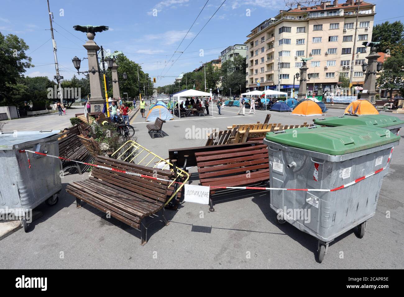 The 31st day of the protest against the government and the chief prosecutor set up barricades on Orlov most (Eagle Bridge) in Sofia, Bulgaria on 08/08 Stock Photo