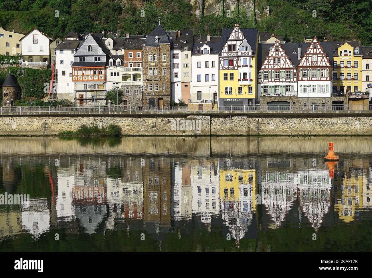 Timber frame houses along river Moselle promenade in Cochem, Germany. Stock Photo