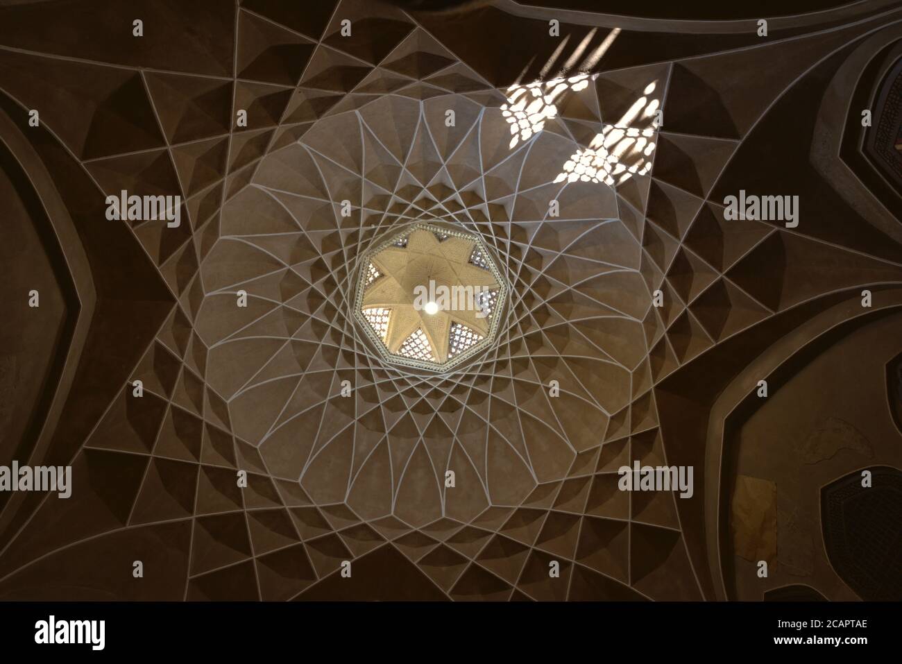 Ceiling and Iranian architecture inside summer pavilion of landmark Persian garden in Yazd, Iran Stock Photo
