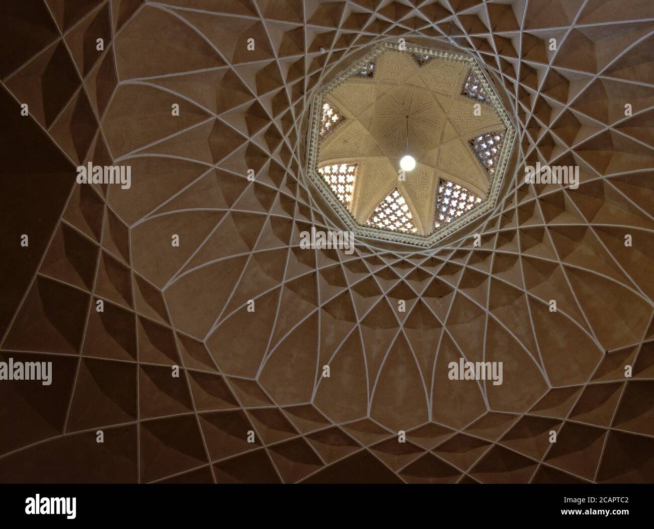 Ceiling and Iranian architecture inside summer pavilion of landmark Persian garden in Yazd, Iran Stock Photo