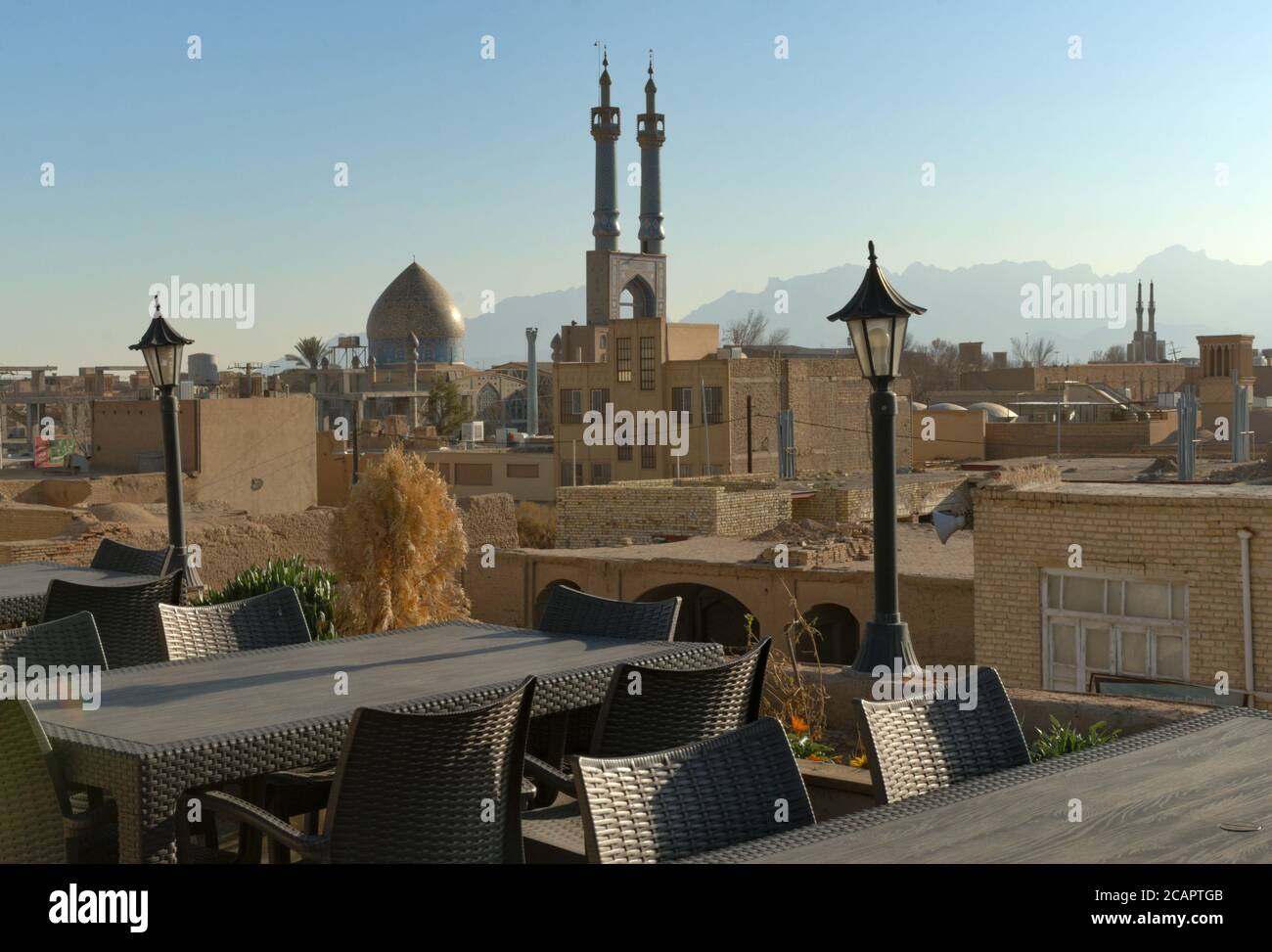 Silk road Muslim city skyline from bazaar rooftops, Yazd, Iran Stock Photo