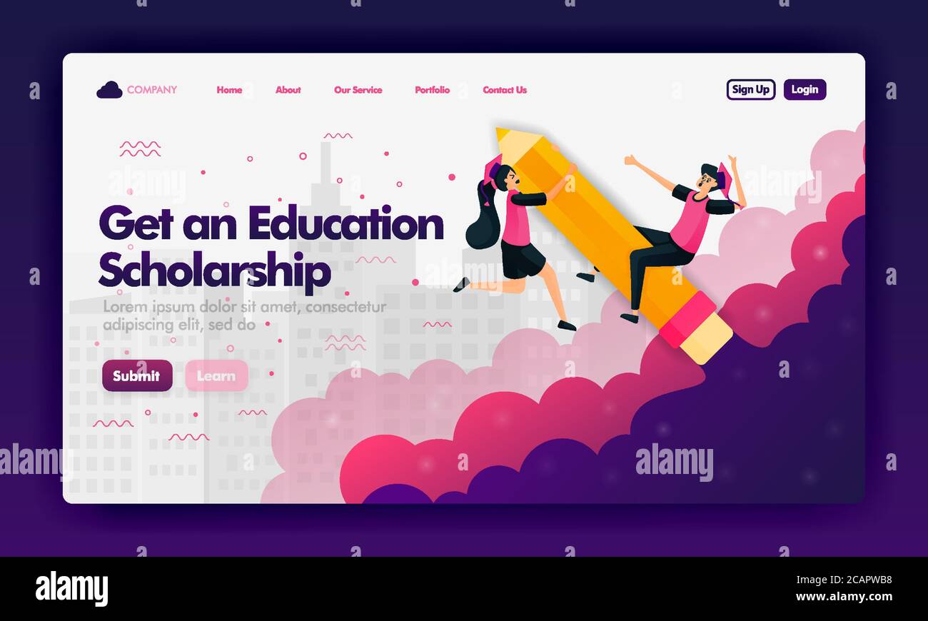 Ads to get educational scholarships with flat cartoon for Landing Page or website. Illustration of a student riding a pencil. Can use for landing page Stock Vector