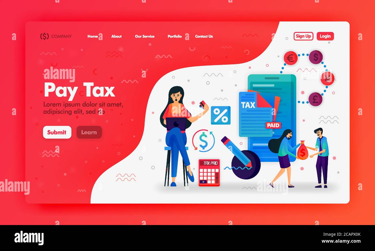 Ads to pay taxes with flat illustrations mobile phone, calculator and