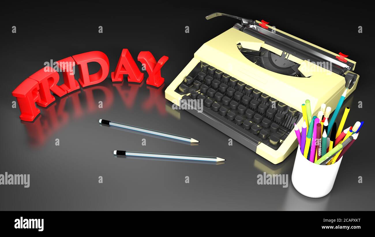 Typewriter on black desk with FRIDAY write - 3D rendering illustration ...