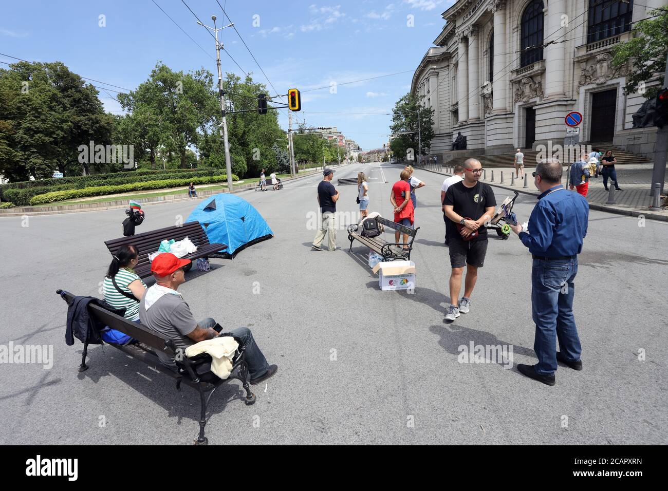 Protest against the government and the chief prosecutor set up barricades on Sofia University 'St. Kliment Ohridski' in Sofia, Bulgaria on 08/08/2020. Stock Photo