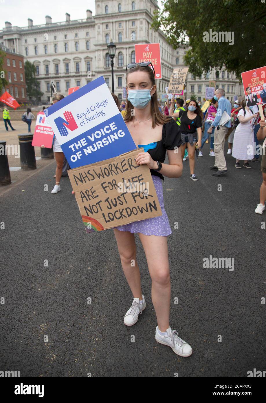 London, UK. 8th Aug 2020. National Health Service workers in central London protest against their exclusion from the public sector pay increase. Protesters assembled in St James's Park before marching to Parliament Square, via Downing Street. Credit: Denise Laura Baker/Alamy Live News Stock Photo