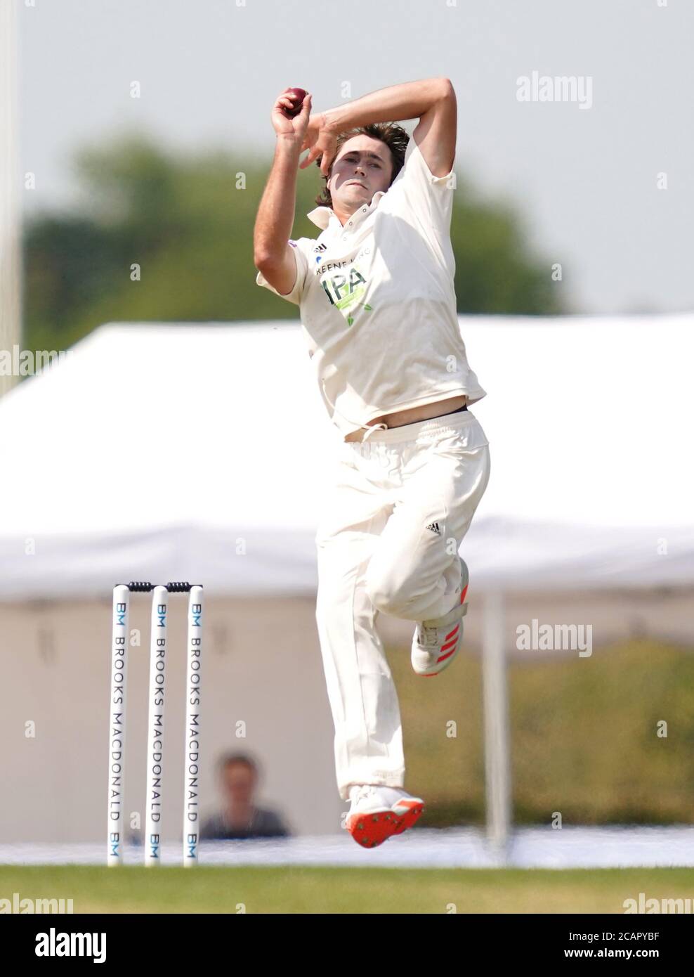 Hampshire's James Fuller in action during day one of The Bob Willis Trophy match at Radlett cricket Club, Radlett. Stock Photo