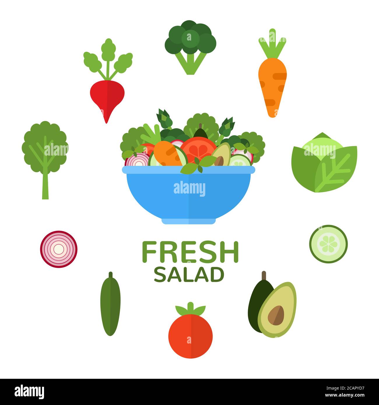 Fresh salad in bowl for vegetarian menu and healthy food advertising. Salad bar. Salad ingredients. Applicable food concept in flat style. Vector illu Stock Vector