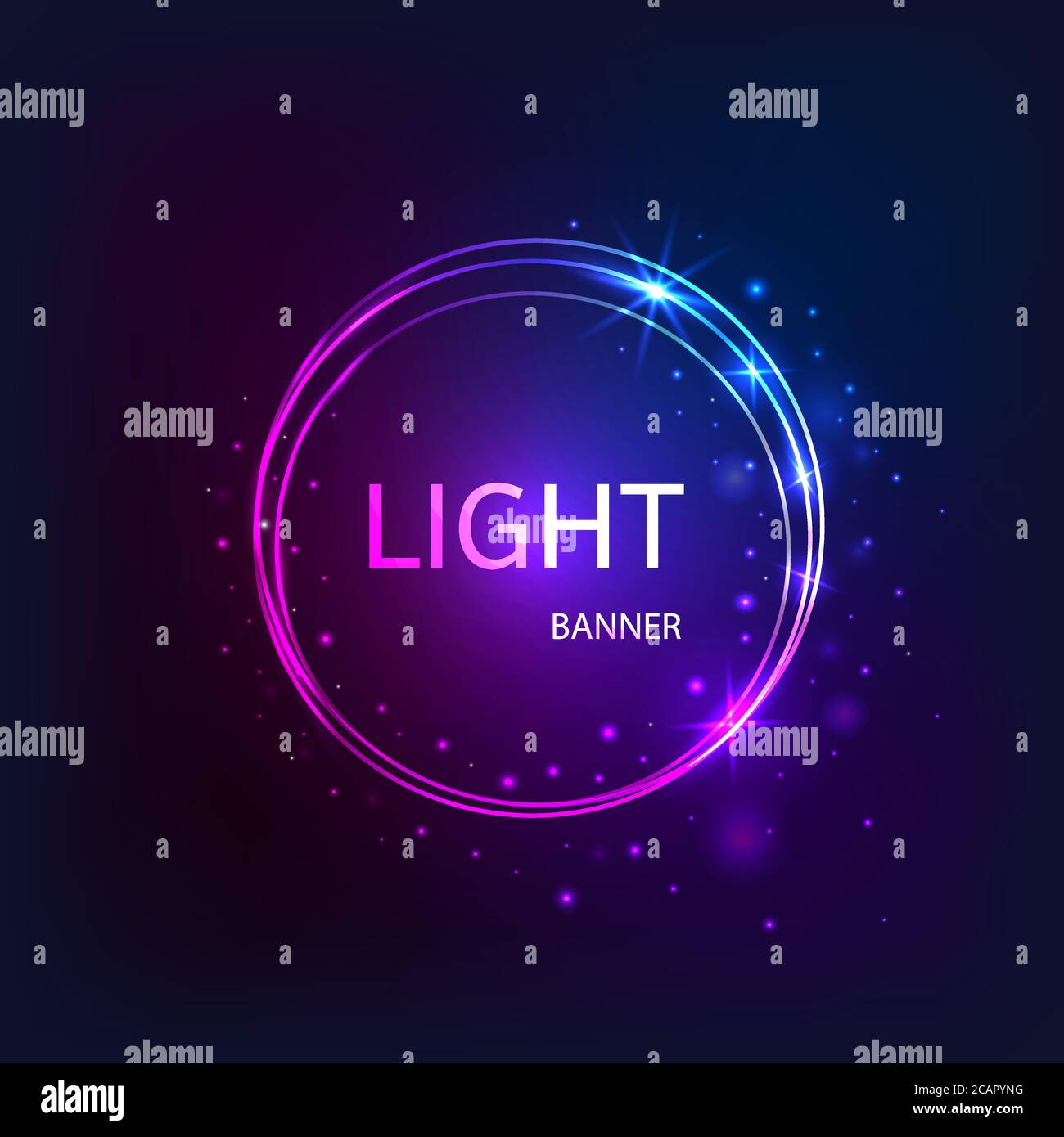 Light circle banner. Vector sparkling round frame on dark background. Shiny circle background. Stock Vector