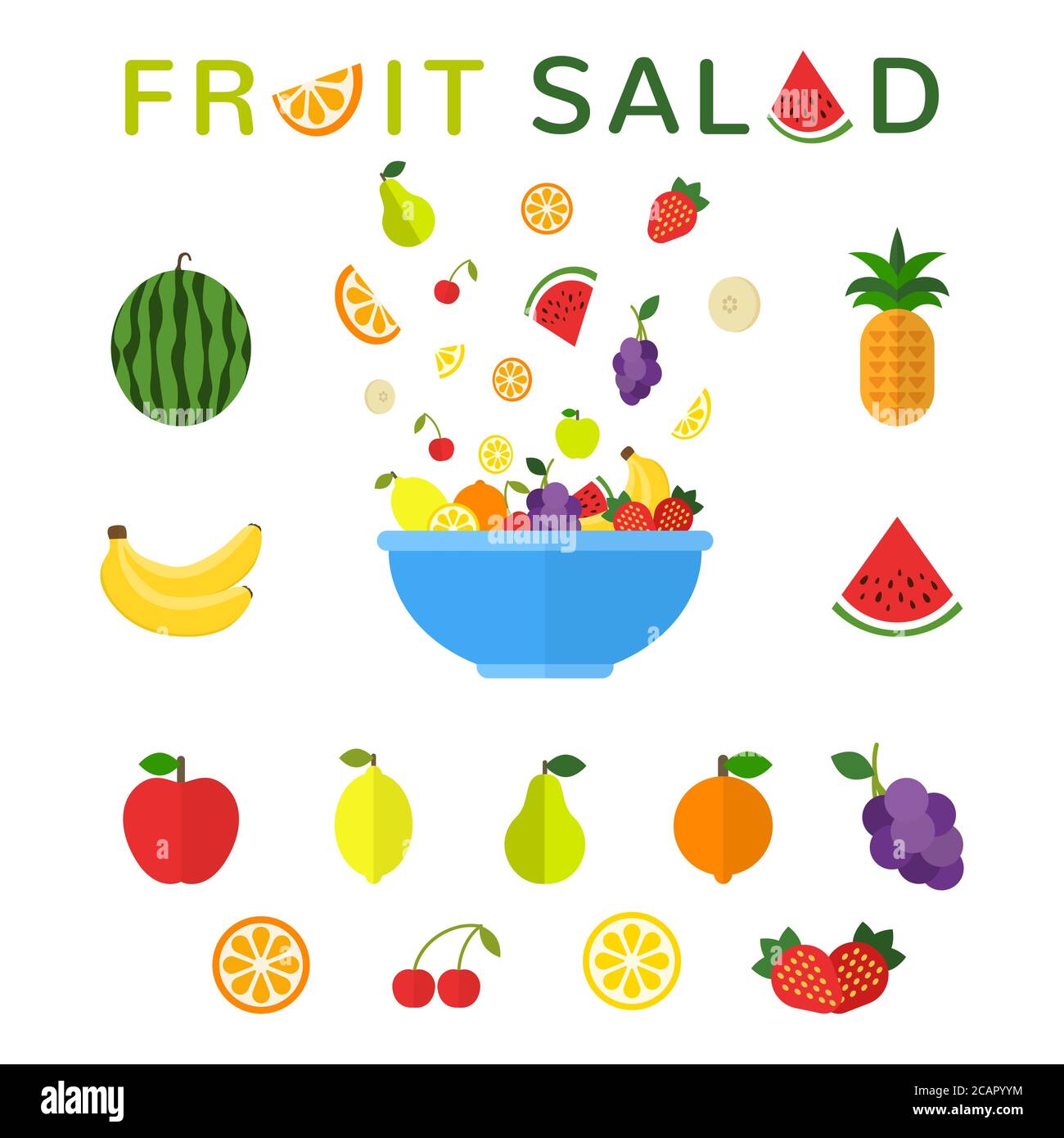 Healthy food concept. Fruit salad in blue bowl isolated on white