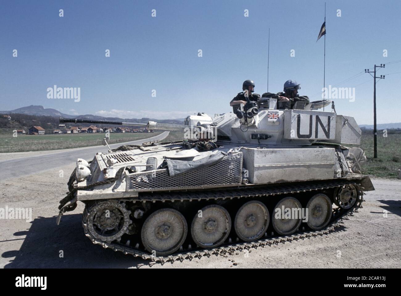 30th March 1994 During the war in Bosnia: a British Army FV107 Scimitar of the Light Dragoons Regiment parked just east of the British base in Bila, near Vitez. Stock Photo