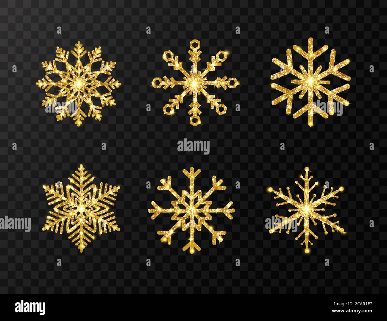 Glitter gold snowflakes set on transparent background. Sparkling golden ...