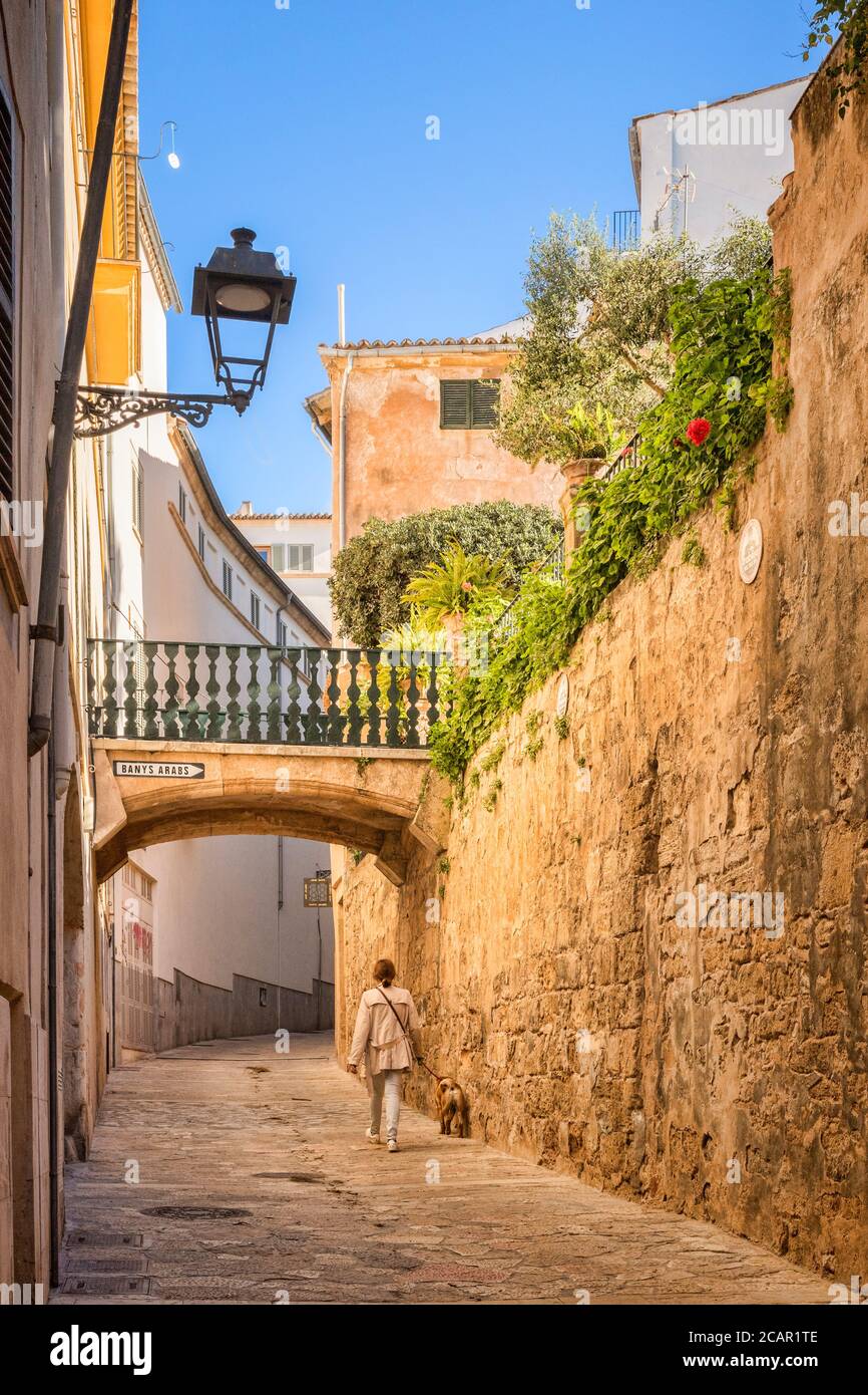 6 March 2020: Palma, Mallorca - Woman with dog walking up Carrer de Can Serra, past the Arab Baths, in the old quarter of Palma. Stock Photo