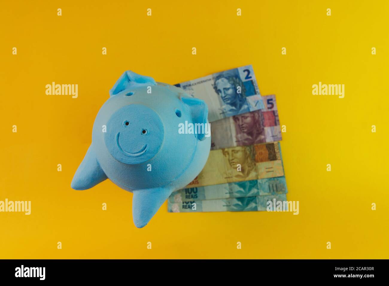 Piggy coins with calculator and brazilian money isolated. Stock Photo