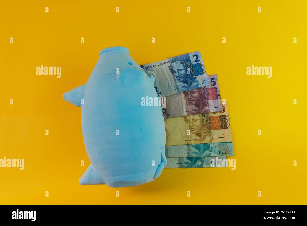 Piggy coins with calculator and brazilian money isolated. Stock Photo