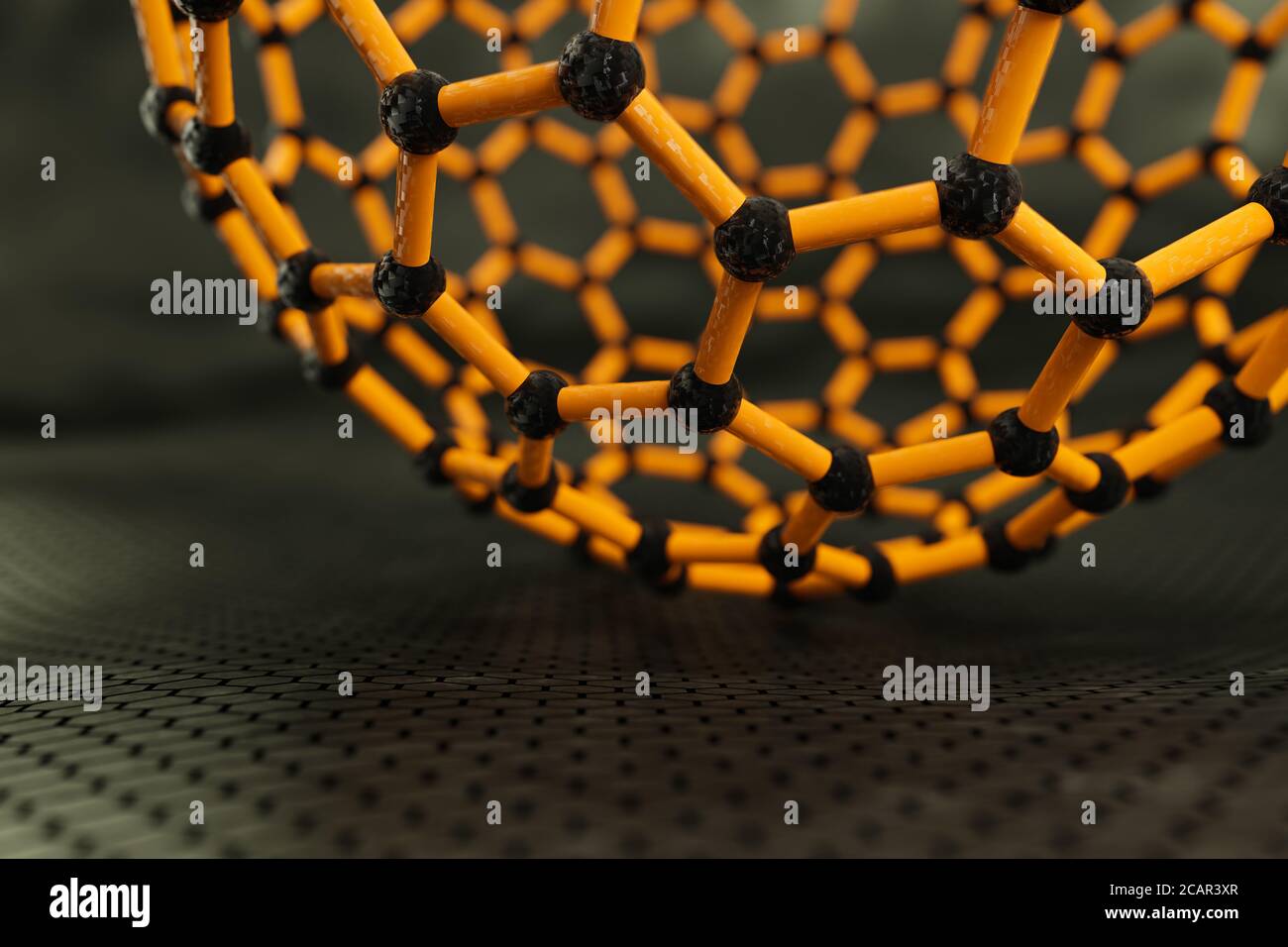 3D rendering of fullerene sphere, yellow bonds, black atoms Stock Photo