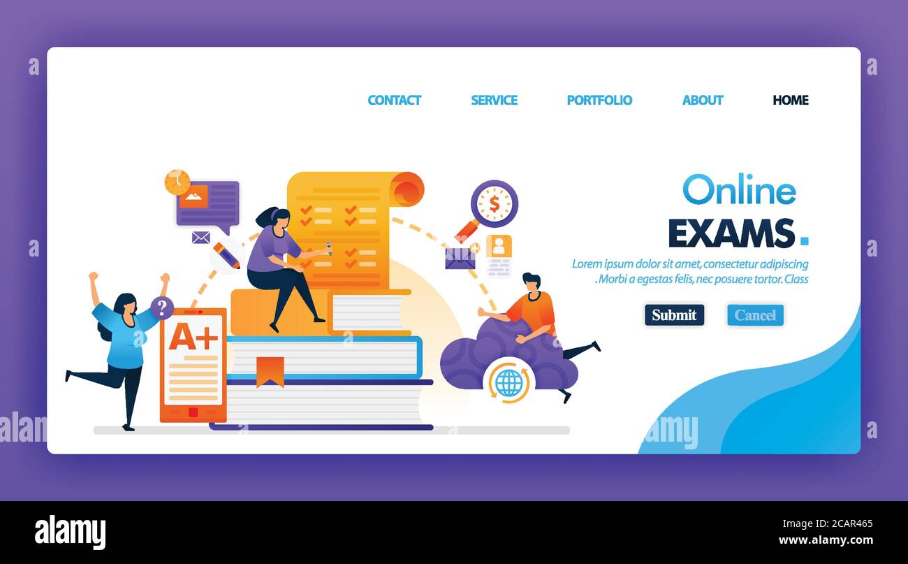 People take online exam concept design for landing pages. flat cartoon  character take exam and get A + results with a internet or cloud storage.  can u Stock Vector Image & Art -