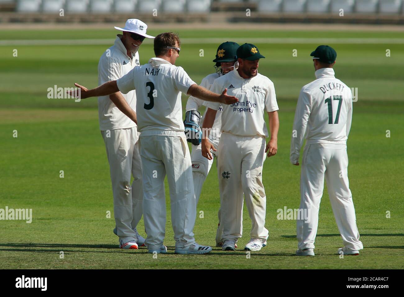 Nottinghamshire County Cricket Club, Trent Bridge, West Bridgford, Nottingham, Nottinghamshire, 8th August 2020. Bob Willis Trophy - Nottinghamshire County Cricket Club v Yorkshire County Cricket Club, Day 1. Chris Nash of Nottinghamshire County Cricket Club celebrates taking the wicket of Harry Brooks of Yorkshire with his team mates. Credit: Touchlinepics/Alamy Live News Stock Photo