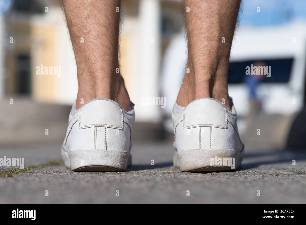 Flat foot, sole, posture concept. Irregular wear heel male shoes