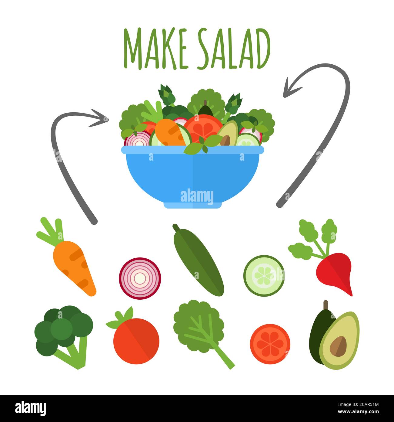 Salad with fresh vegetables in blue bowl isolated on white background. Make salad concept. Applicable set of vegetables. Vegan menu. Vector illustrati Stock Vector