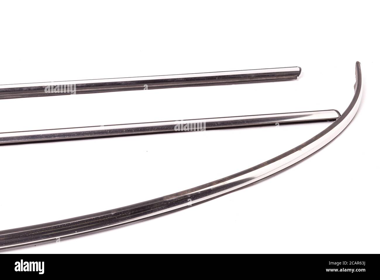 Silver metal trim for chrome glass in car windows on a white isolated ...
