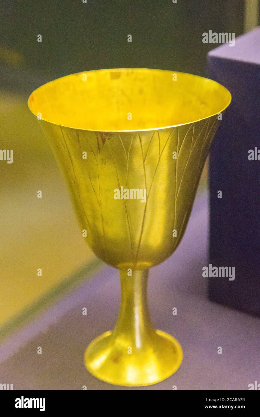 Egypt, Cairo, Egyptian Museum, dishes found in the royal necropolis of Tanis, burial of Psusennes : Gold cup in the shape of a lotus flower. Stock Photo