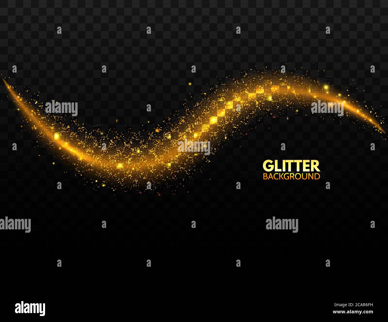 Glittering gold wave. Sparkling comet tail on transparent background. Glitter magic wave with golden particles. Star dust. Glare effect. Glowing curve Stock Vector