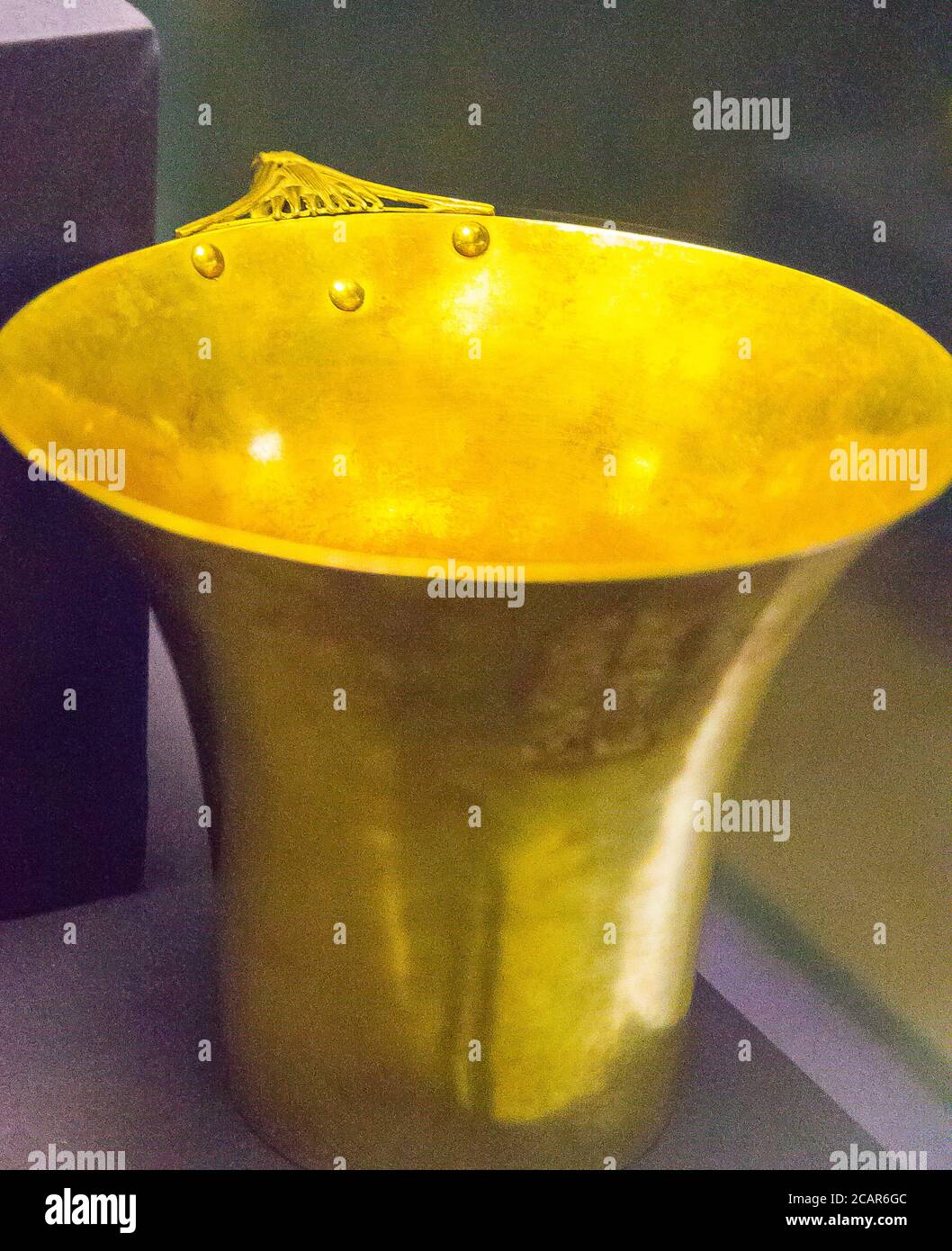 Egypt, Cairo, Egyptian Museum, dishes found in the royal necropolis of Tanis, burial of Psusennes : Gold goblet in the shape of a lotus flower. Stock Photo