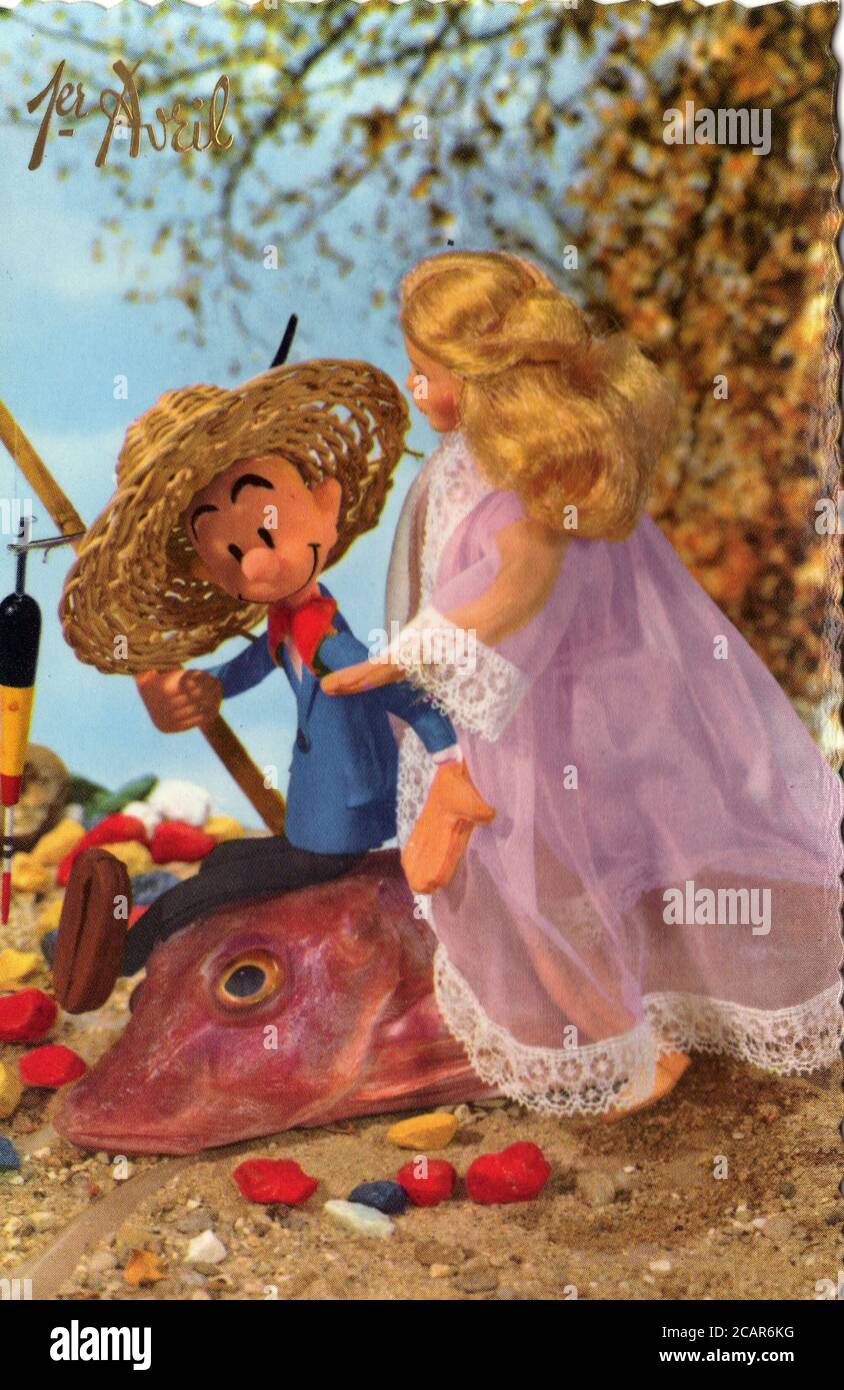 Carte postale 1er avril avec figurine Fantasio vers 1960. Fantasio est un personnage de fiction créé par Jean Doisy dans Le Journal de Spirou en 1942 Stock Photo