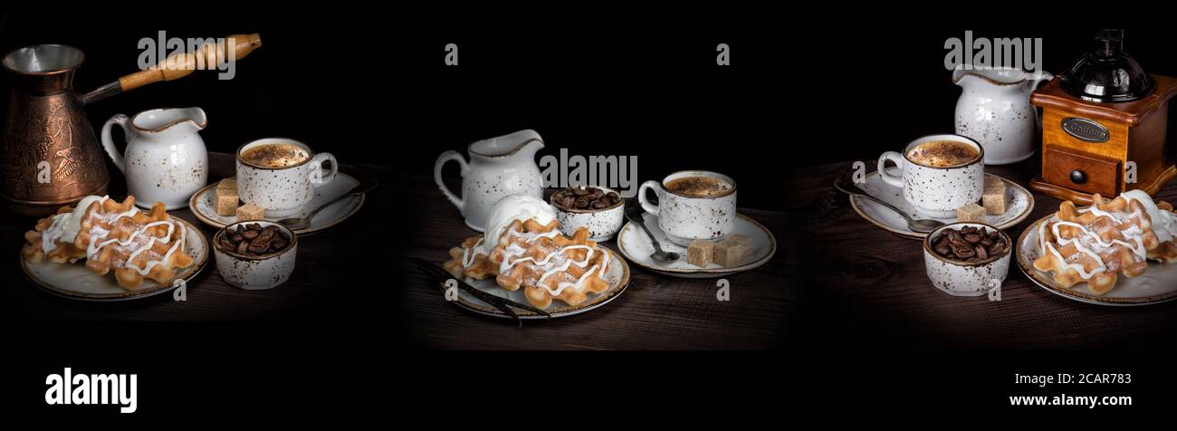Cup of coffee, waffles, ice cream, coffee mill and coffee beans are on a dark background, with copy space. Panorama for splashback Stock Photo