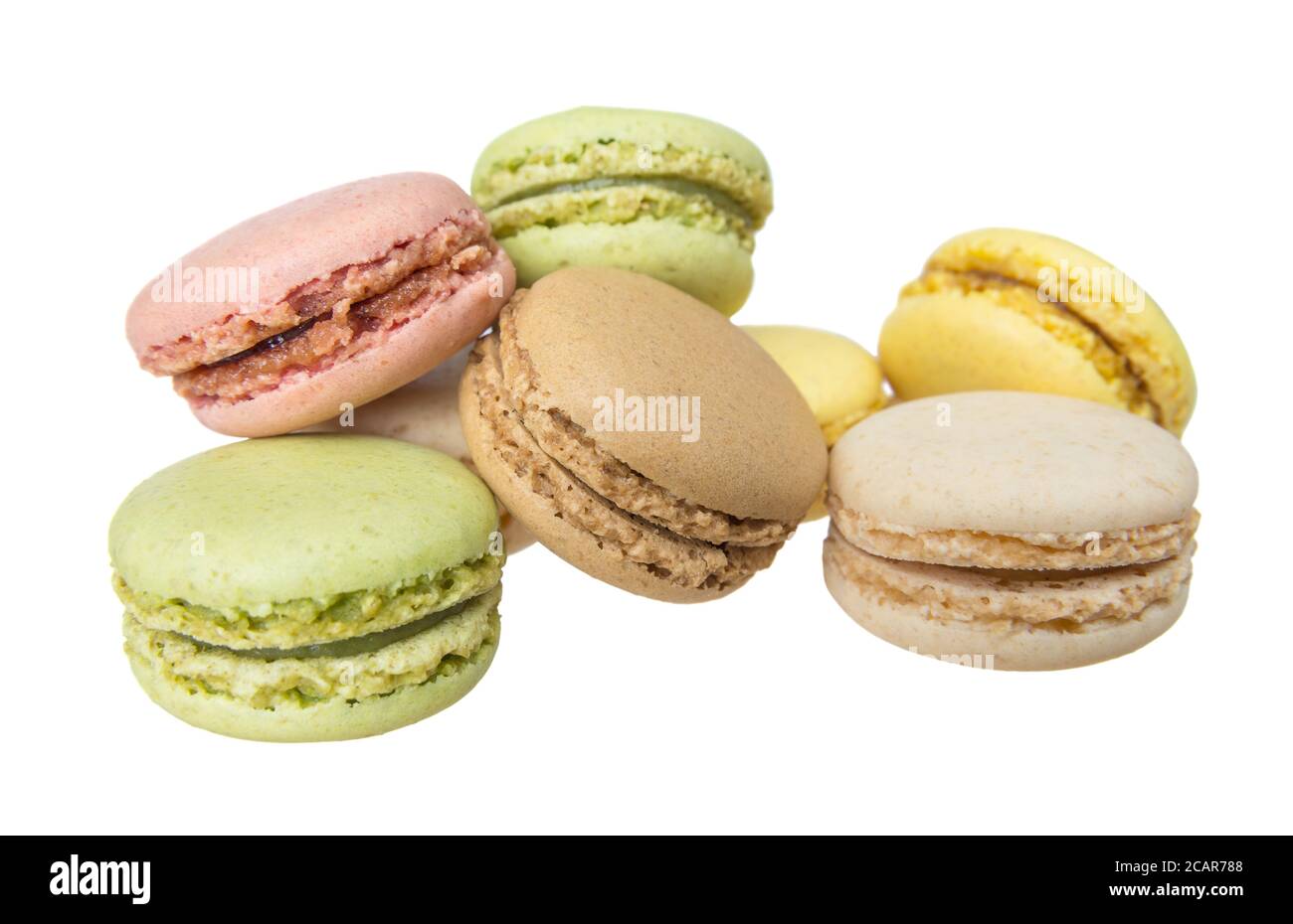 Several multicolored macaroons pastel tones isolated on a white background Stock Photo