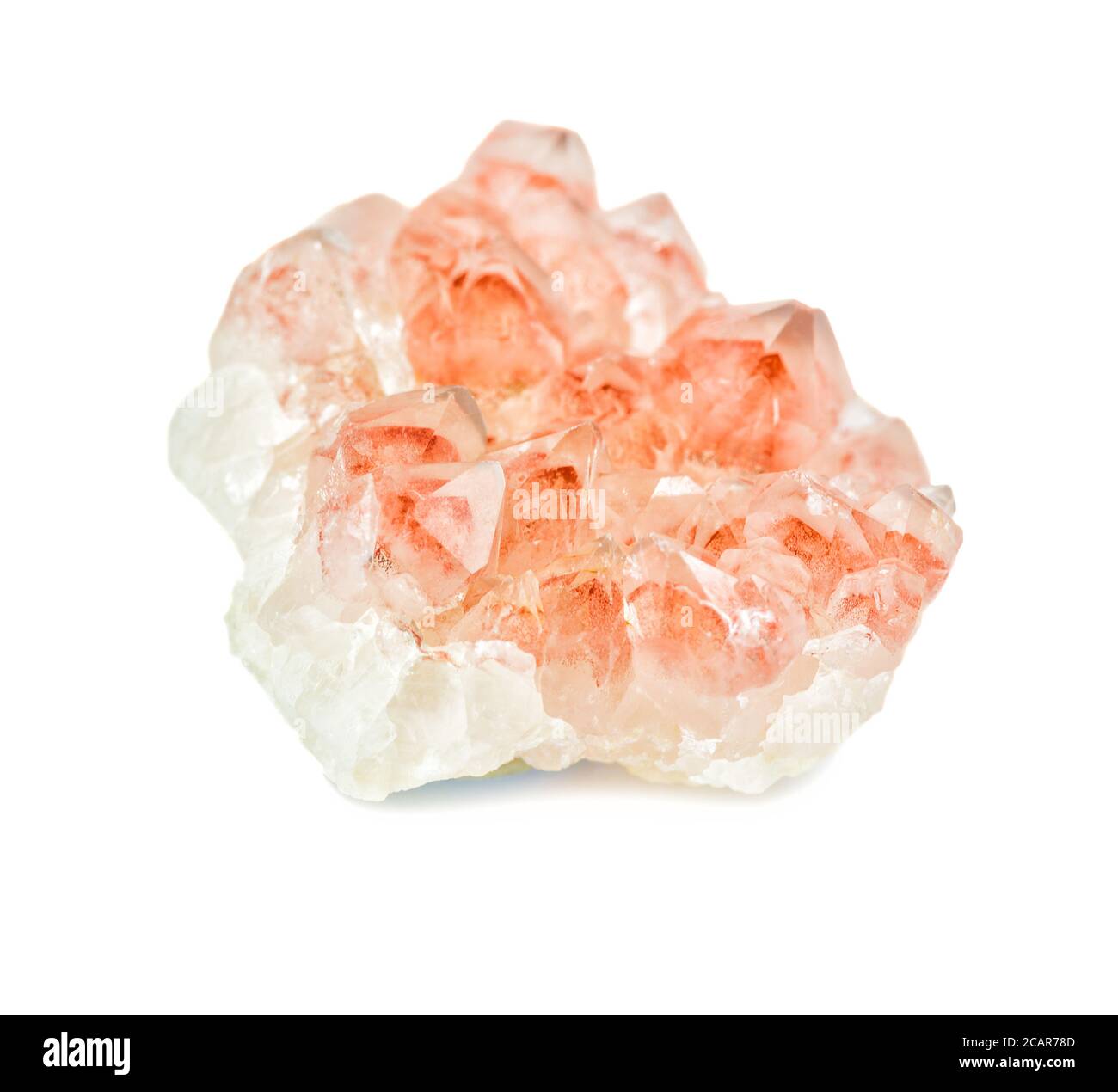 Cluster of crystals of strawberry quartz mineral with red inclusions of hematite close-up isolated on a white background Stock Photo
