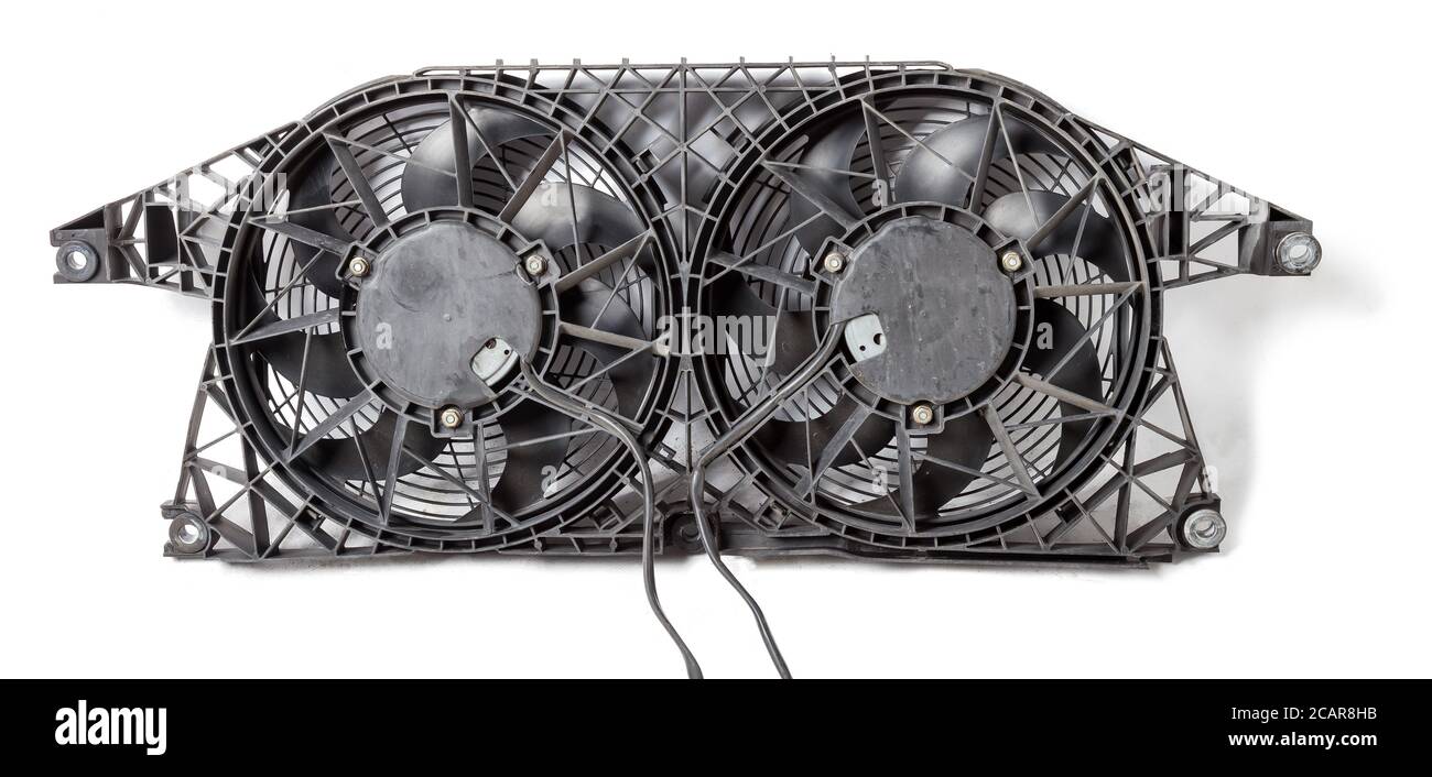 Engine radiator cooling fan with two propellers on a white isolated ...